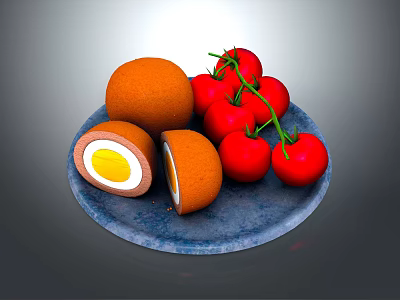 Fresh Red Tomatoes With Green Stems On Blue Plate And Sliced Vegetable Rolls 3d model