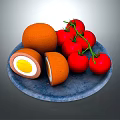 Fresh Red Tomatoes With Green Stems On Blue Plate And Sliced Vegetable Rolls