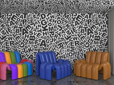 Colorful Single Chairs Displayed Against Letter Patterned Wall Interior Design 3d model