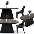 Modern Dining Table Set With Black Base Gray Tabletop Black Chairs And Decorative Plants 3d model