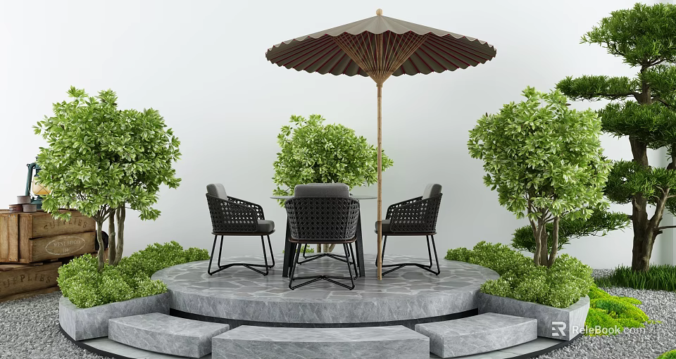 Stylish Outdoor Table With Four Black Rattan Chairs Umbrella And Green Plants On Stone Platform 3d model 