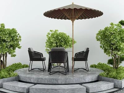 Stylish Outdoor Table With Four Black Rattan Chairs Umbrella And Green Plants On Stone Platform 3d model