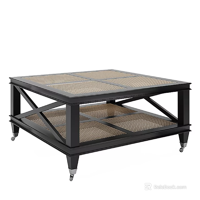 Modern Sofa and Coffee Table Set with Black Frame Rattan Top Two Tier and Wheels 3d model 