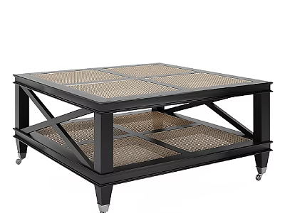 Modern Sofa and Coffee Table Set with Black Frame Rattan Top Two Tier and Wheels 3d model