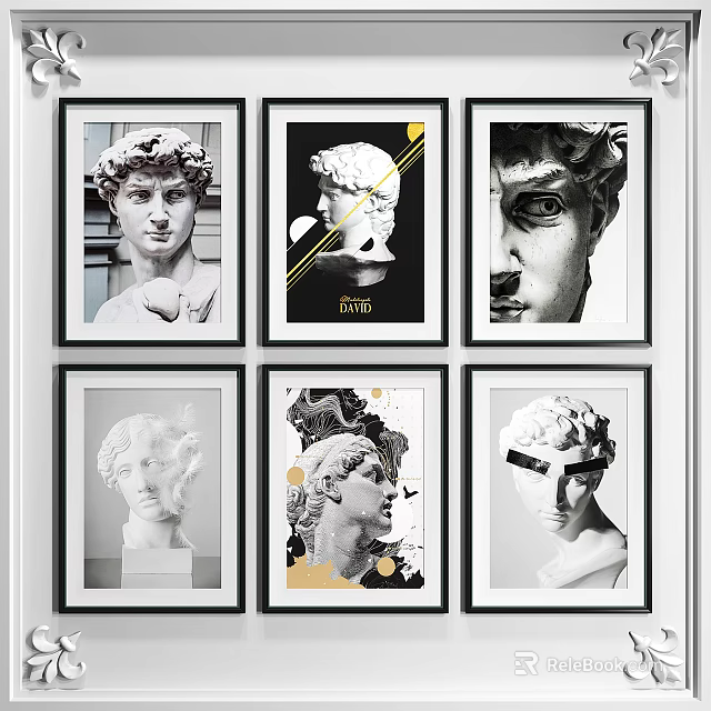 Classical Sculpture Portrait Paintings With Framed Art Black White Design And Gold Accents 3d model 