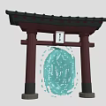 Traditional Entrance Gate With Black Tile Roof Red Pillars White Plaque And Circular Blue Ornament