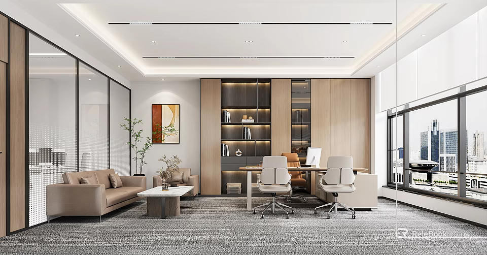 Modern Office Interior With Sofa Desk Bookshelf Chairs And Decorative Plant 3d model 