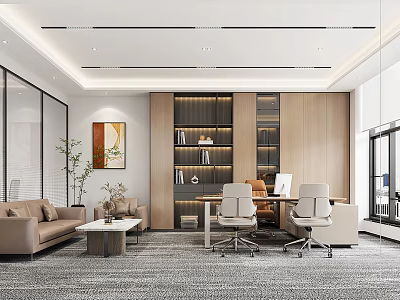 Modern Office Interior With Sofa Desk Bookshelf Chairs And Decorative Plant 3d model