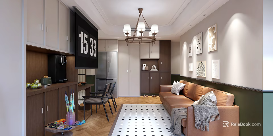 Elegant Open Plan Living And Dining Room With Comfortable Leather Sofa And Practical Storage Cabinets 3d model 