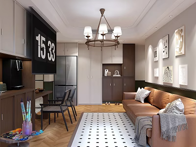 Elegant Open Plan Living And Dining Room With Comfortable Leather Sofa And Practical Storage Cabinets 3d model