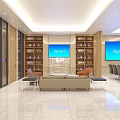 Modern Bank Lobby Interior With Purple Sofas Wooden Furniture And Service Counter