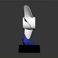 Artistic Propeller Shaped Sculpture With Three Blades Central Emblem Blue Wave Base And Black Pedestal