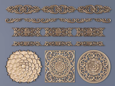 Intricate Carved Decorative Pieces With Circular Square Rectangular Floral Patterns And Ornate Details 3d model