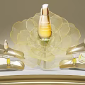Golden Floral Shaped Art Installation With Curved Display Counter And Central Bottle Decor