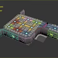 Modern Gray Building With Grid Pattern On Top And Blue Yellow Accent Lights