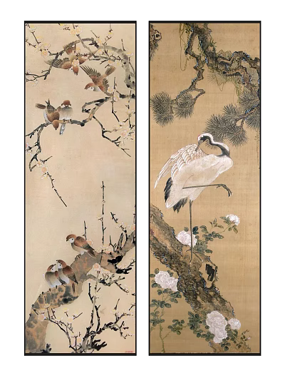 Traditional Chinese Painting Artwork With Birds Crane Pine Tree And Flowers 3d model