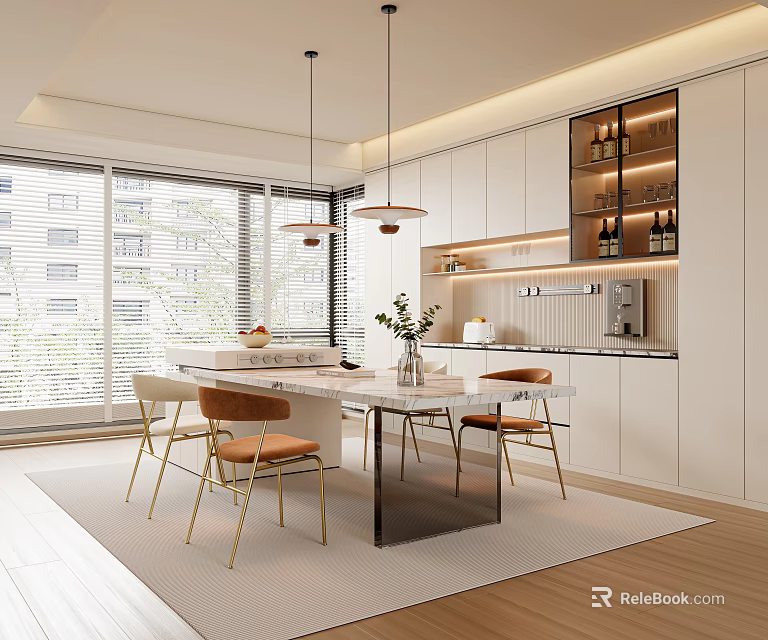 Modern Open Concept Restaurant Interior With Dining Table Pendant Lights And Window View 3d model