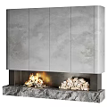 Modern Fireplace With Gray Panel Stone Base Burning Fire And Firewood 3d model