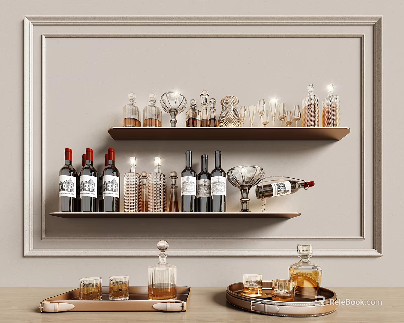 Elegant Wine Bottles And Glassware Display On Shelves And Trays 3d model 