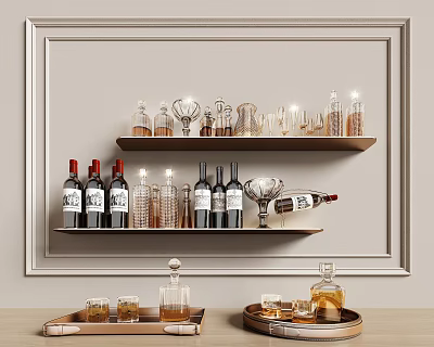 Elegant Wine Bottles And Glassware Display On Shelves And Trays 3d model