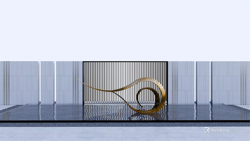 Golden Curved Landscape Sculpture with Water Feature and Metal Grille Background 3d model 