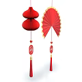 Red Hanging Ornaments With Lantern And Fan Shapes And Fortune Character Tassels