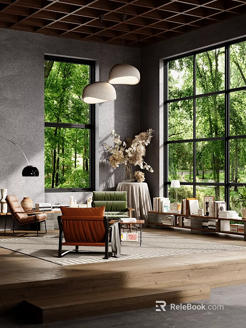 Cozy Modern Living Area With Comfortable Sofa Large Windows Green Plants And Pendant Lights 3d model 