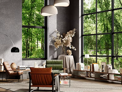 Cozy Modern Living Area With Comfortable Sofa Large Windows Green Plants And Pendant Lights 3d model