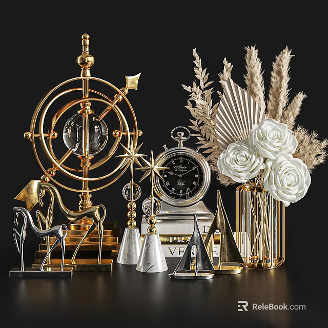 Elegant Decorative Ornament Set With Gold Silver Armillary Sphere Deer Statue And White Roses 3d model 