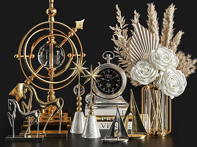 Elegant Decorative Ornament Set With Gold Silver Armillary Sphere Deer Statue And White Roses 3d model
