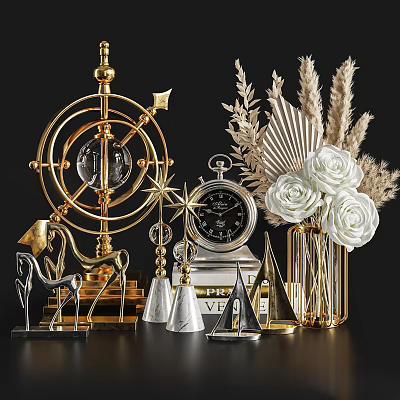 Elegant Decorative Ornament Set With Gold Silver Armillary Sphere Deer Statue And White Roses 3d model