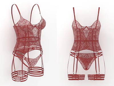 Red Lace Bodysuit with Strappy Suspender Straps and Cutout Fitted Design Details 3d model