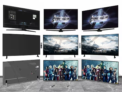 Sleek Smart TVs With Ultra Thin Black Frames Displaying Movie Scenes And Group 3d model