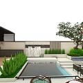 Modern Courtyard Garden Landscape With Swimming Pool Wicker Chairs Green Plants And Steps
