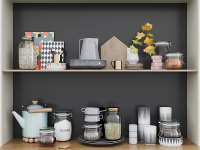 Organized Kitchenware Display On Shelf With Glass Jars Teapot Sugar Container Cups And Decorative Leaves 3d model