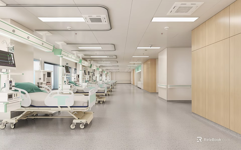 Modern Hospital Outpatient Ward Interior With Medical Beds And Equipment 3d model 