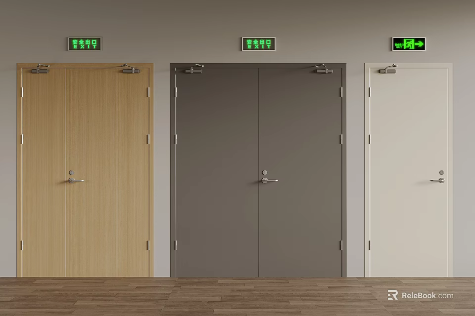Security Doors Light Wood Dark Gray White with Green Exit Signs Side by Side 3d model 