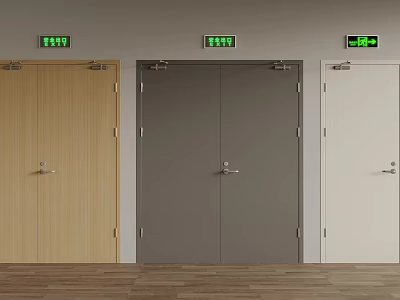 Security Doors Light Wood Dark Gray White with Green Exit Signs Side by Side 3d model