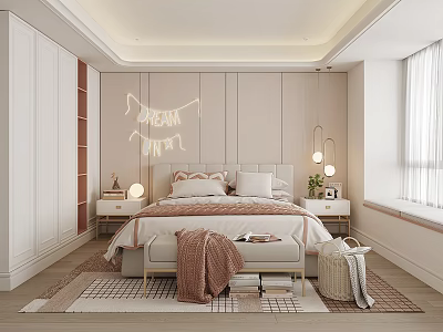 Warm Kids Room Interior Design With Bed DREAM Letter Decor Nightstand And Rug 3d model