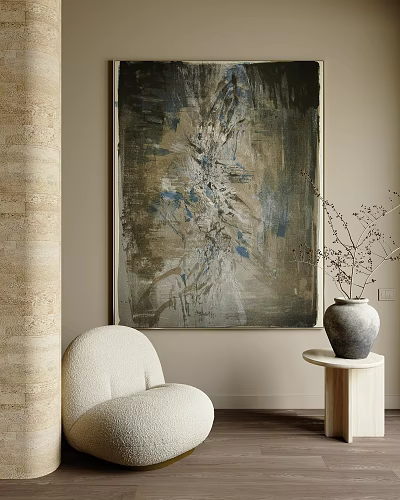 Abstract Painting With Gray Blue Beige Tones On Neutral Wall Near Beige Chair And Vase 3d model