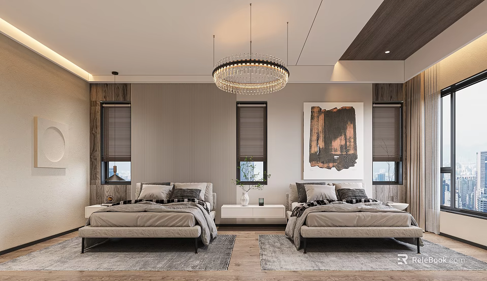 Modern Bedroom Interior Design With Double Beds Chandelier Artwork And Rugs 3d model 