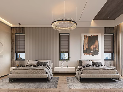 Modern Bedroom Interior Design With Double Beds Chandelier Artwork And Rugs 3d model