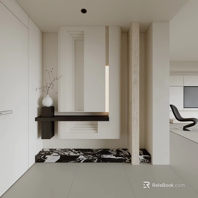 Modern Entryway Hallway With White Decorative Frame Black Floating Countertop And Patterned Floor Tiles 3d model 
