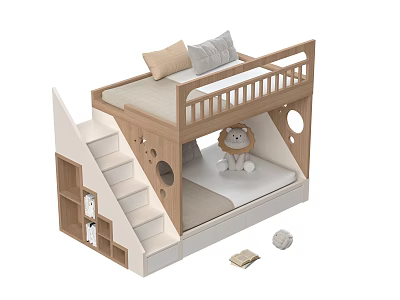 Modern Wooden Kids Bunk Bed Design With Storage Stairs Lower Area And Stuffed Lion Toy 3d model