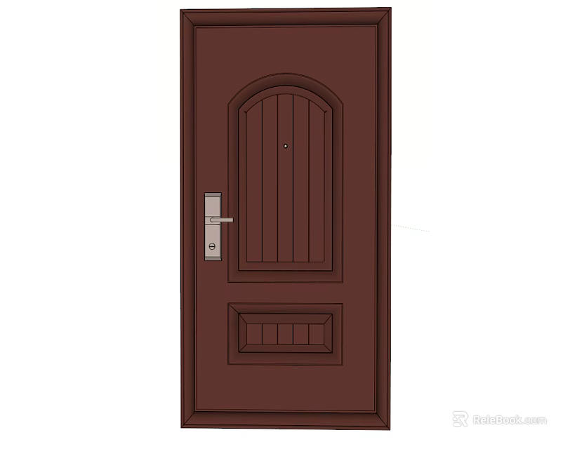 Dark Brown Swing Door With Arched Top Vertical Panels Decorative Bottom Panel And Silver Handle 3d model