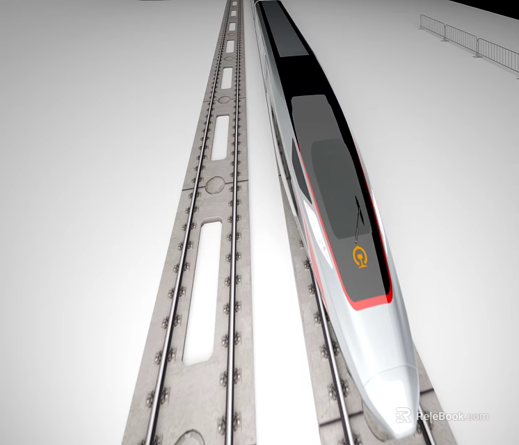 Modern high speed train with aerodynamic front red accent on railway track and yellow logo 3d model 