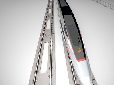 Modern high speed train with aerodynamic front red accent on railway track and yellow logo 3d model