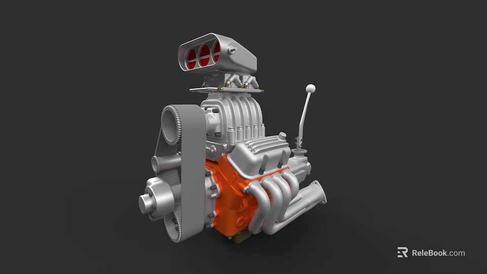 Car Engine With Silver And Orange Components Intake Manifold And Exhaust Pipes 3d model 