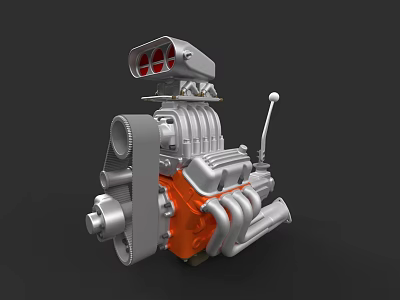 Car Engine With Silver And Orange Components Intake Manifold And Exhaust Pipes 3d model