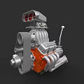 Car Engine With Silver And Orange Components Intake Manifold And Exhaust Pipes